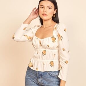 Reformation Floral Print Ruched Puff Sleeve Blouse Size 0